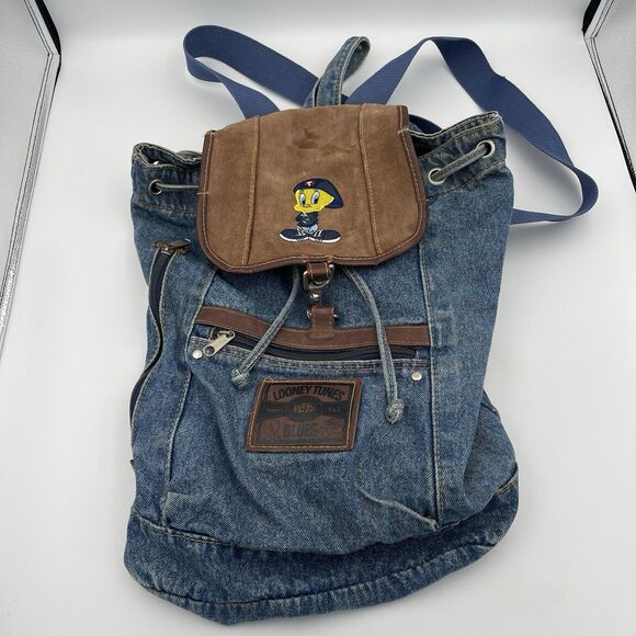 Vintage 00s Looney Tunes Blues Tweety Bird Denim Backpack - Picture 1 of 16